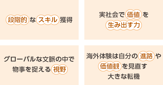 「段階的」な「スキル」獲得｜実社会で「価値」を生み出す力｜グローバルな文脈の中で物事を捉える「視野」｜海外体験は自分の「進路」や
「価値観」を見直す大きな転機