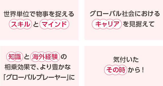 世界単位で物事を
捉える「スキル」と「マインド」｜グローバル社会における「キャリア」を見据えて｜「知識」と「海外経験」の相乗効果で、より豊かな「グローバルプレーヤー」に｜気付いた「その時」から！